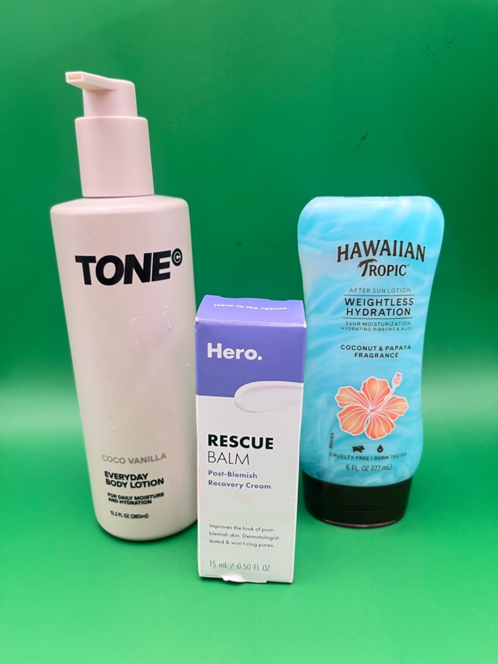 Tone Everyday Lotion/Hawaiian Tropic After Sun Lotion/Hero Rescue Balm